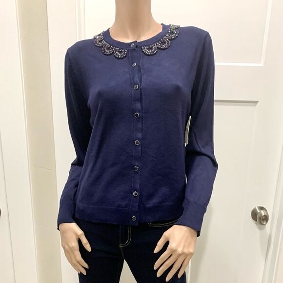 New Ladies Beaded Crewneck Cardigan In Navy - Picture 2 of 14